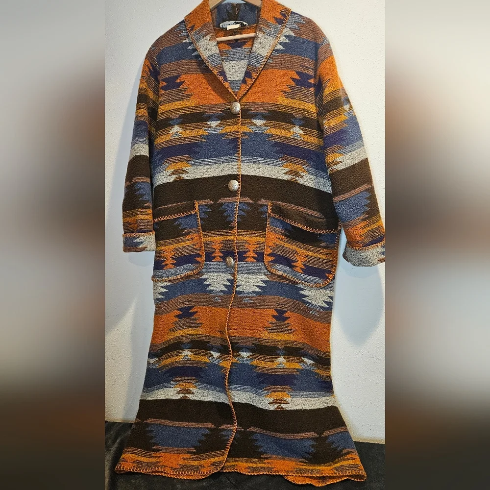Rhonda Stark Southwestern Aztec Wool Full Length Cardigan Jacket Coat Ovrsized S - Picture 1 of 8